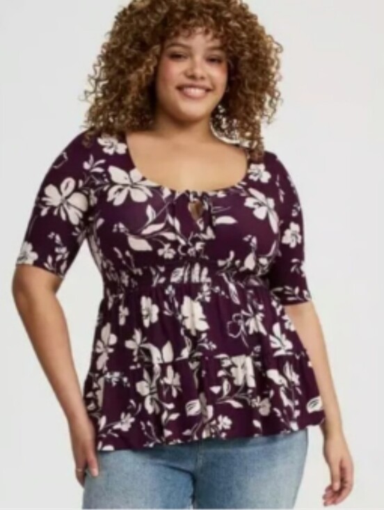 torrid Tops - Torrid Tie Front Short Sleeve Babydoll Peplum Top- Plum Floral 1X